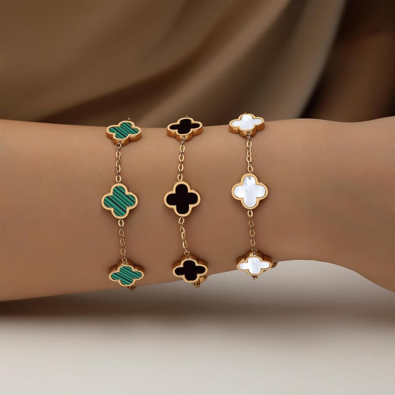 HAITTY 18K Gold Plated Clover Bracelet Set for Women White/Black/Gold/Silver/Green/Pink Adjustable Link Double-Sided Lucky Bracelets Trendy Bracelets Set Jewelry Gifts for Women Men - Image 2